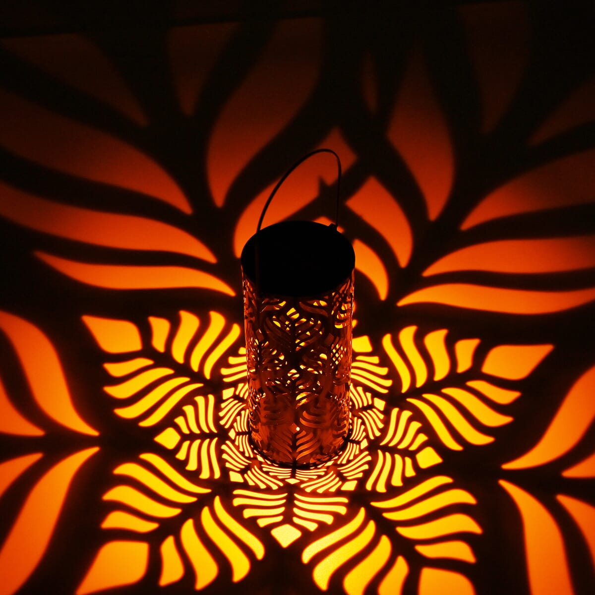 Solar Operated Metal Cylinder Lantern with Hollow Leaf Vein Pattern (500 mAh) image number 2
