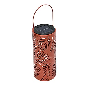 Solar Operated Metal Cylinder Lantern with Hollow Leaf Pattern (500 mAh)