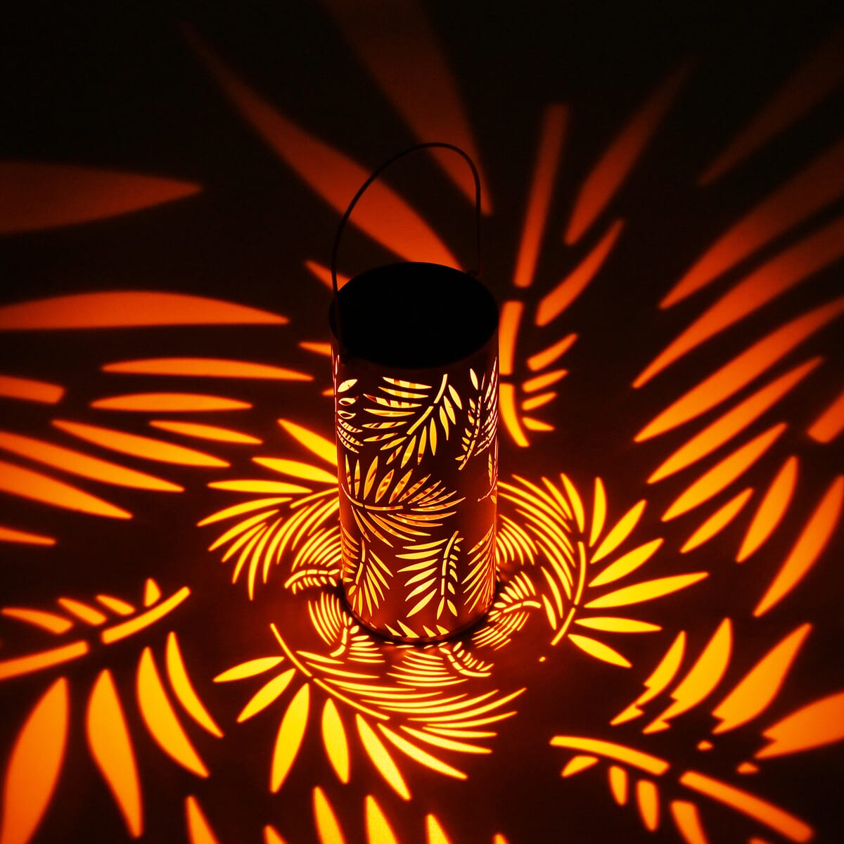 Solar Operated Metal Cylinder Lantern with Hollow Leaf Pattern (500 mAh) image number 2