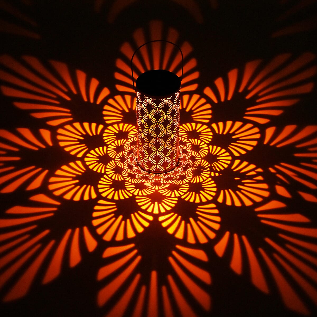 Solar Operated Metal Cylinder Lantern with Hollow Fan Pattern (500 mAh) image number 1