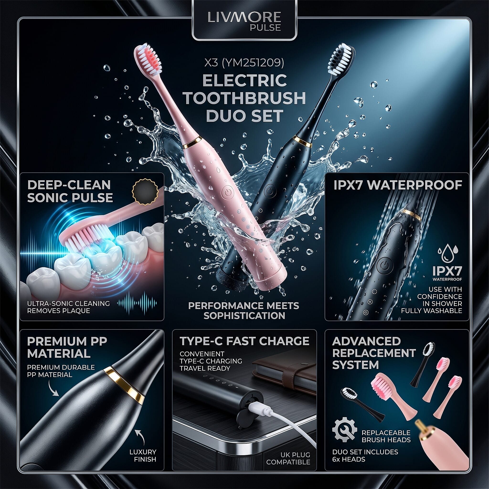 Livmore Set of 2 Pink Electric Toothbrush with 8 Replaceable Heads (400 mAh)