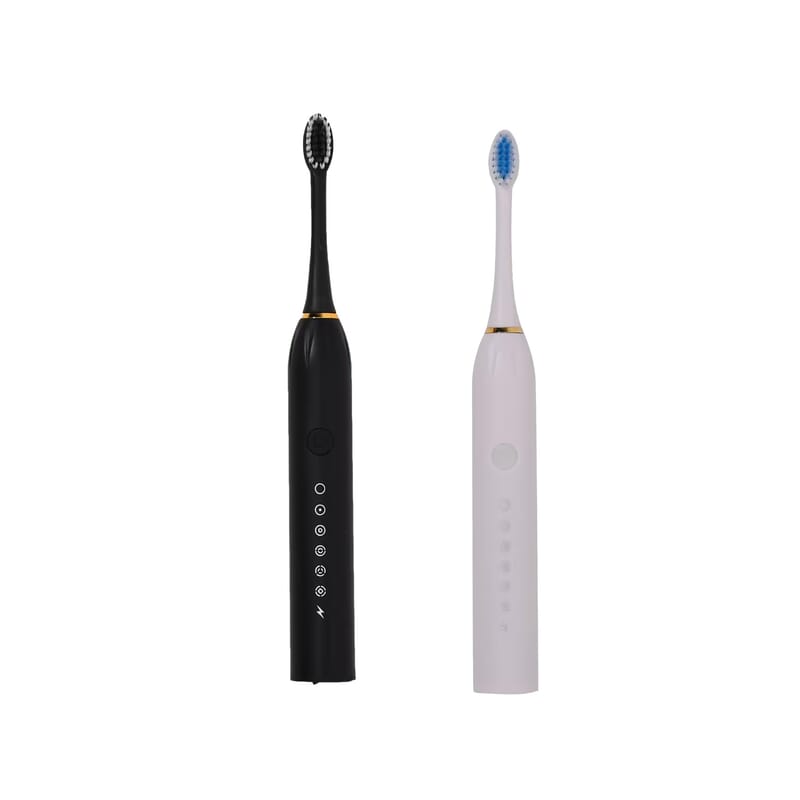 Livmore Set of 2 White and Black Electric Toothbrush with 8 Replaceable Heads (400 mAh)