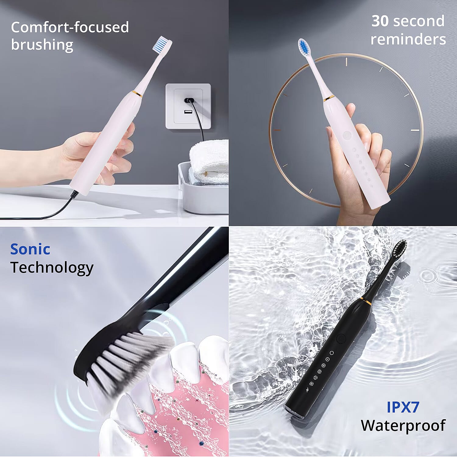 Livmore Set of 2 White and Black Electric Toothbrush with 8 Replaceable Heads (400 mAh)