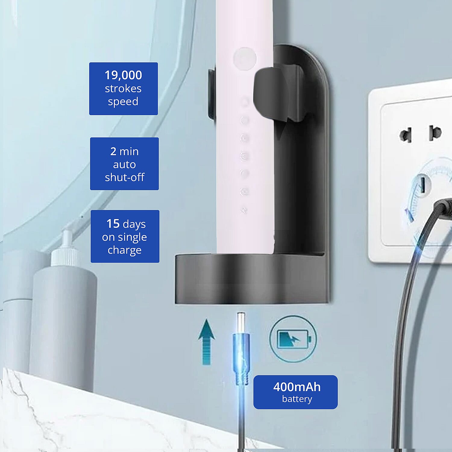 Livmore Set of 2 White and Black Electric Toothbrush with 8 Replaceable Heads (400 mAh)