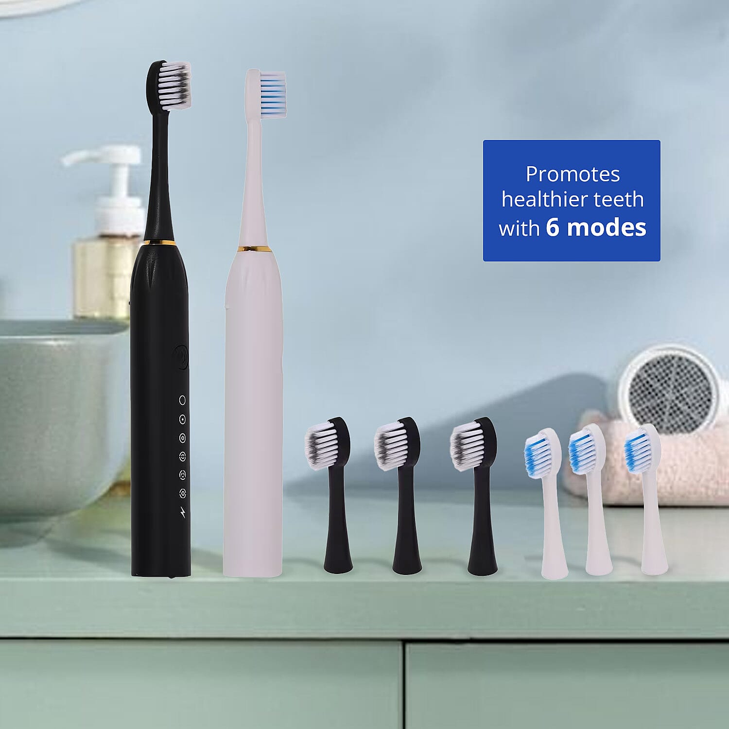 Livmore Set of 2 White and Black Electric Toothbrush with 8 Replaceable Heads (400 mAh)