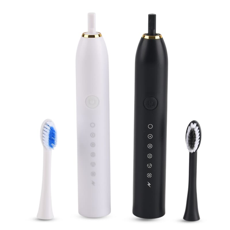 Livmore Set of 2 White and Black Electric Toothbrush with 8 Replaceable Heads (400 mAh)