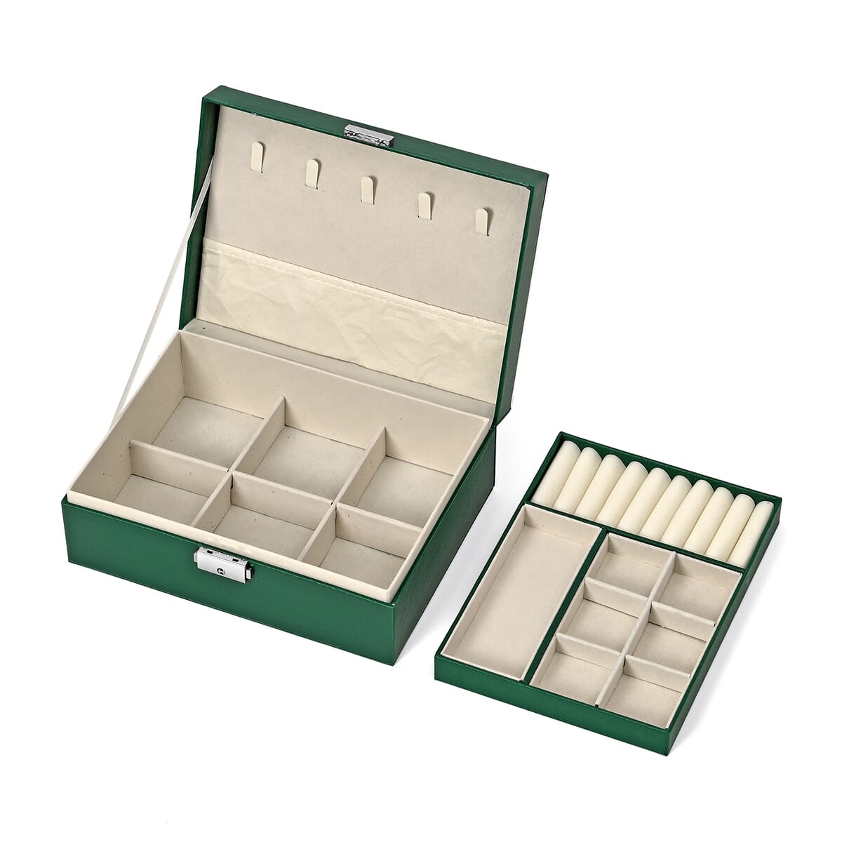 Green Faux Leather 2 Layer Jewelry Box (9"x6.7"x3.3") image number 5