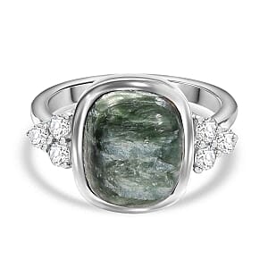 Siberian Seraphinite and White Zircon 5.27 ctw Ring in Rhodium Over Sterling Silver (Size 10.0)