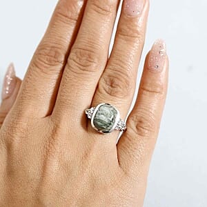 Siberian Seraphinite and White Zircon 5.27 ctw Ring in Rhodium Over Sterling Silver (Size 10.0)