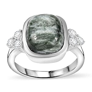 Siberian Seraphinite and White Zircon 5.27 ctw Ring in Rhodium Over Sterling Silver (Size 10.0)