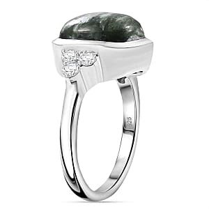 Siberian Seraphinite and White Zircon 5.27 ctw Ring in Rhodium Over Sterling Silver (Size 10.0)