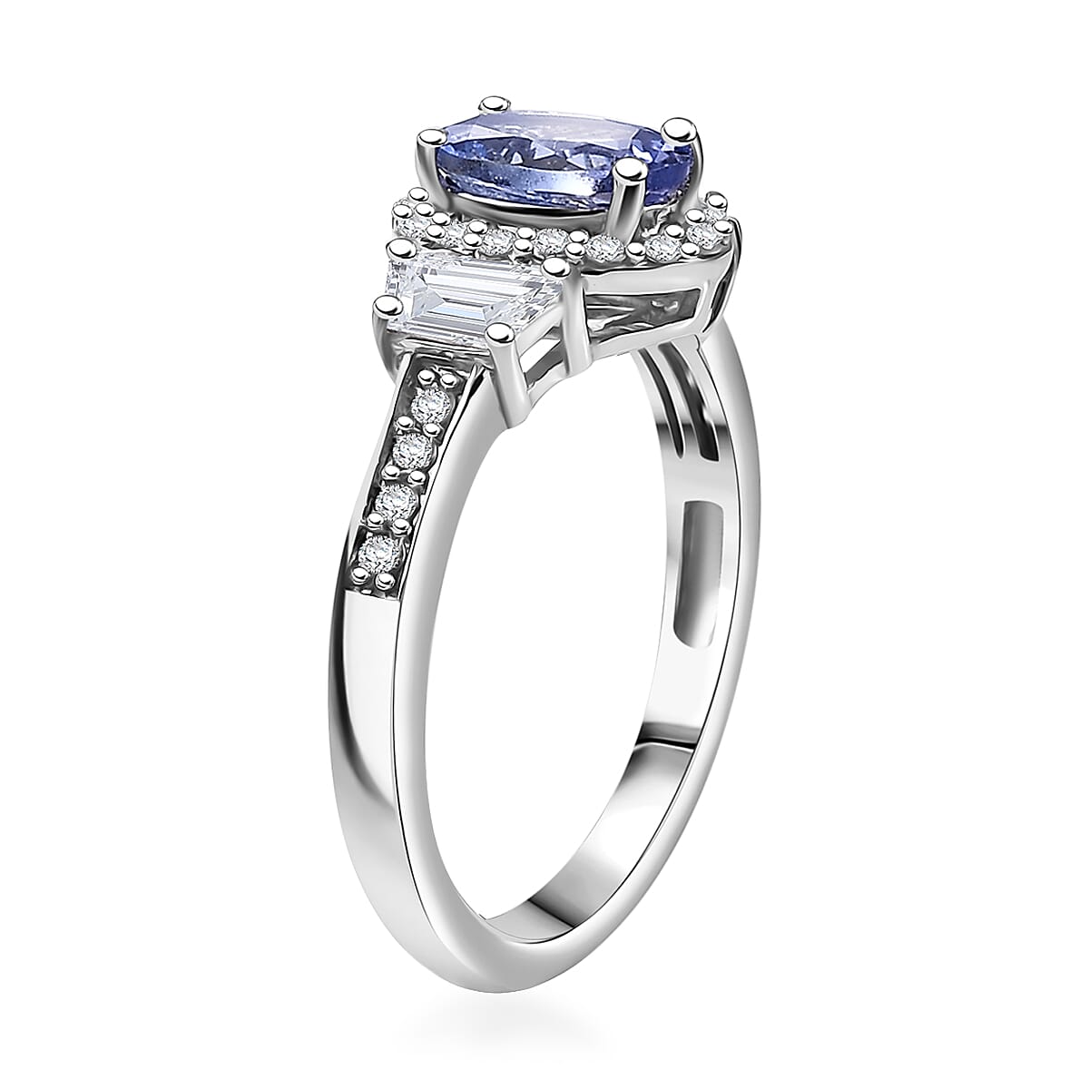 D'Joy Tanzanite and White Zircon 1.60 ctw Ring in Rhodium Over Sterling Silver (Size 5.0) 