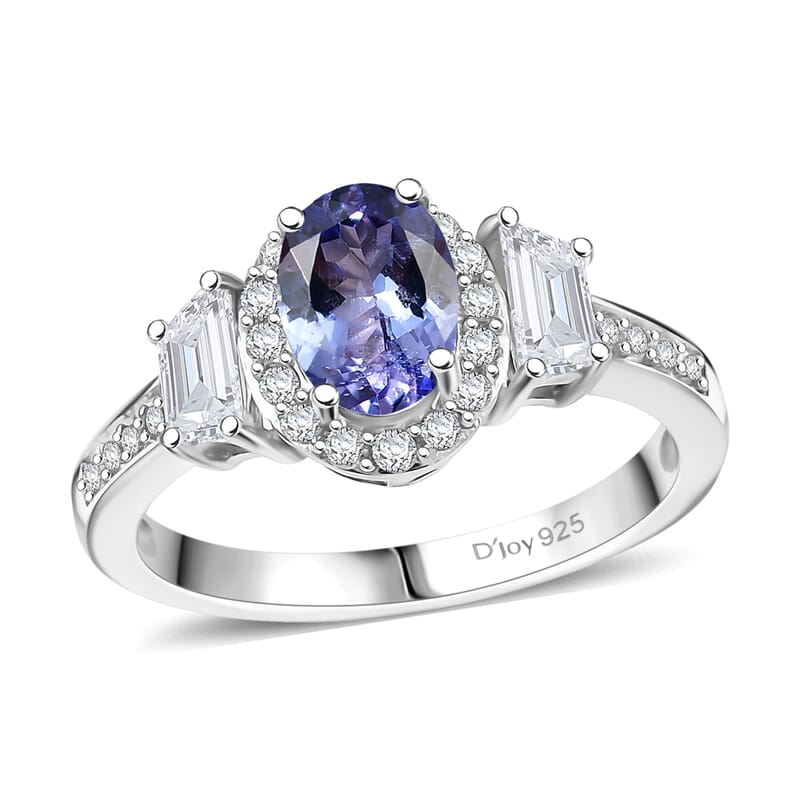 D'Joy Tanzanite and White Zircon 1.60 ctw Ring in Rhodium Over Sterling Silver (Size 9.0) 