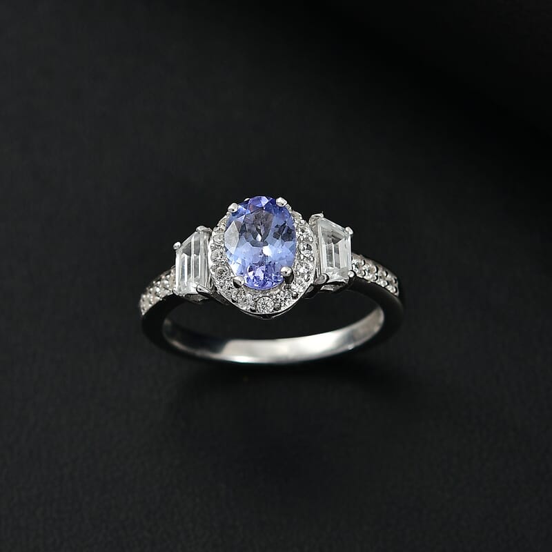 D'Joy Tanzanite and White Zircon 1.60 ctw Ring in Rhodium Over Sterling Silver (Size 9.0) 
