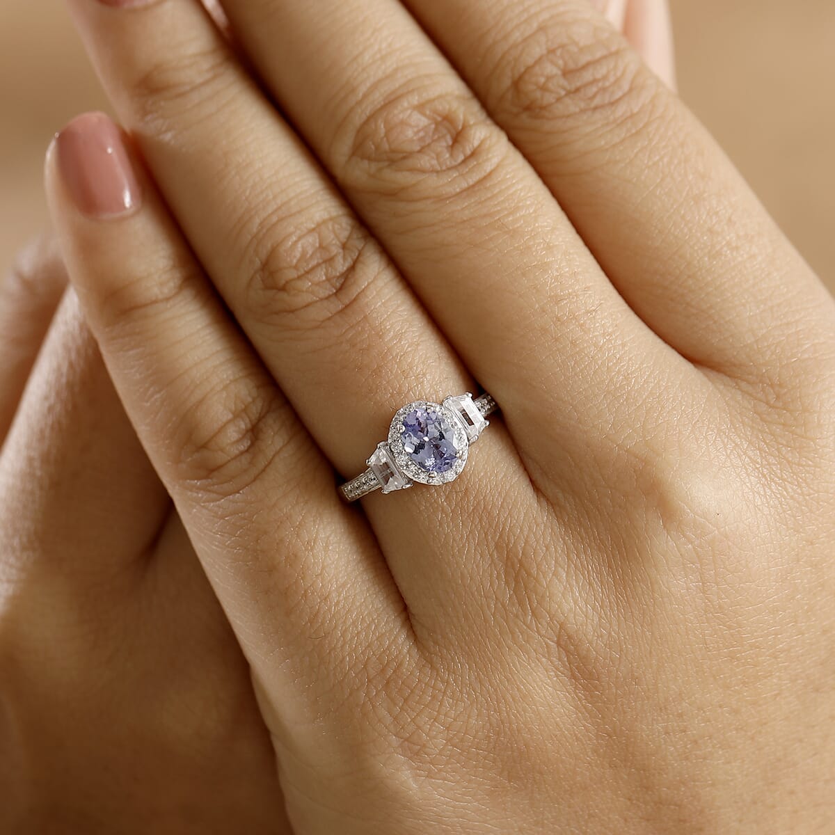 Tanzanite and White Zircon 1.60 ctw Ring in Rhodium Over Sterling Silver (Size 9.0)  image number 2