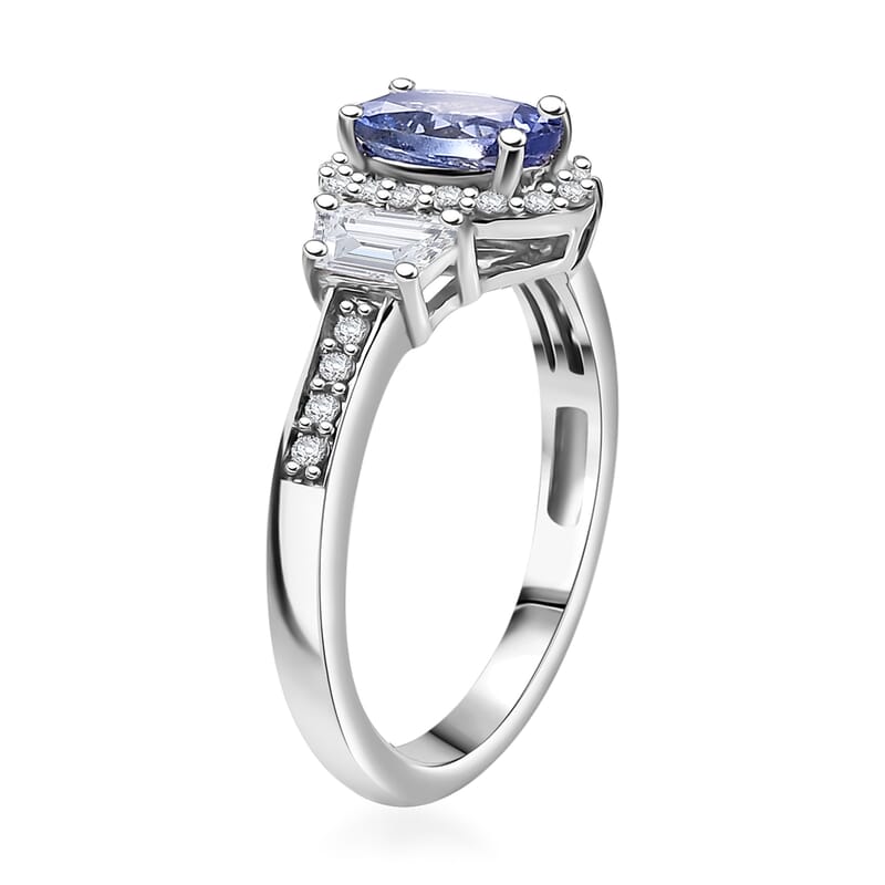 D'Joy Tanzanite and White Zircon 1.60 ctw Ring in Rhodium Over Sterling Silver (Size 9.0) 