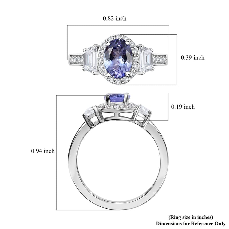 D'Joy Tanzanite and White Zircon 1.60 ctw Ring in Rhodium Over Sterling Silver (Size 9.0) 