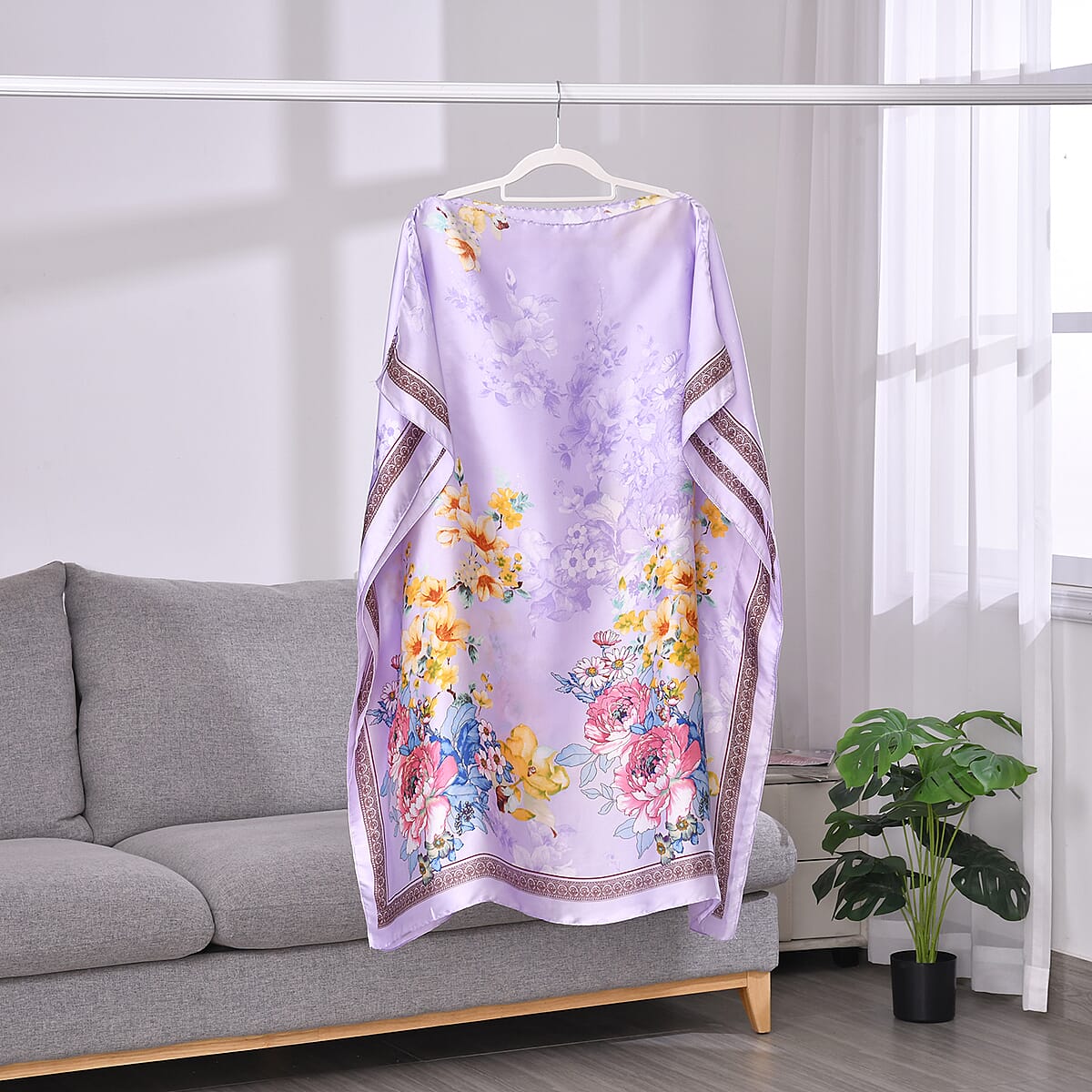 Purple Floral Polyester Satin Kaftan – One Size Fits Most image number 1