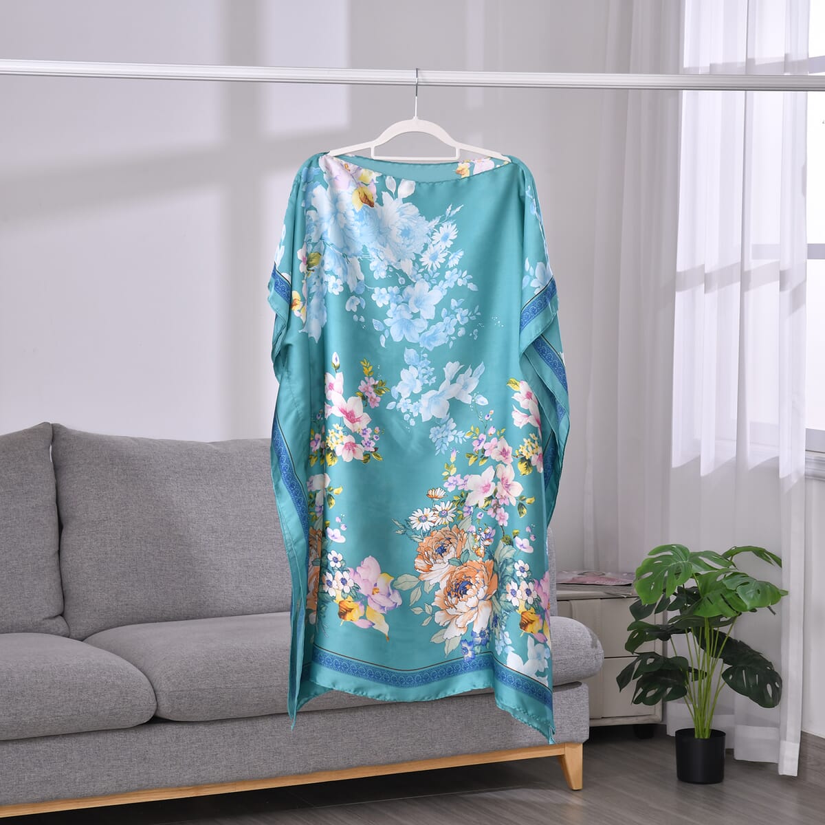 Teal Floral Polyester Satin Kaftan – One Size Fits Most image number 1