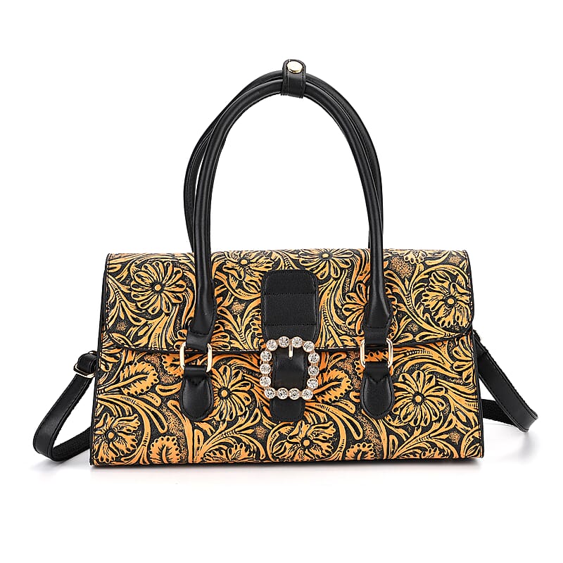 Orange Flower Embossed Faux Leather Crossbody Bag with Shoulder Strap