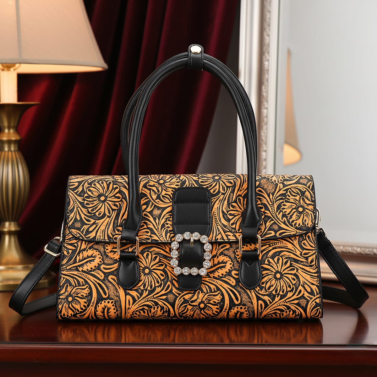 Brown Flower Embossed Faux Leather Crossbody Bag with Shoulder Strap image number 1