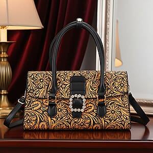 Orange Flower Embossed Faux Leather Crossbody Bag with Shoulder Strap