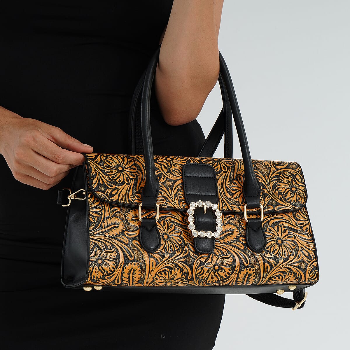 Brown Flower Embossed Faux Leather Crossbody Bag with Shoulder Strap image number 3