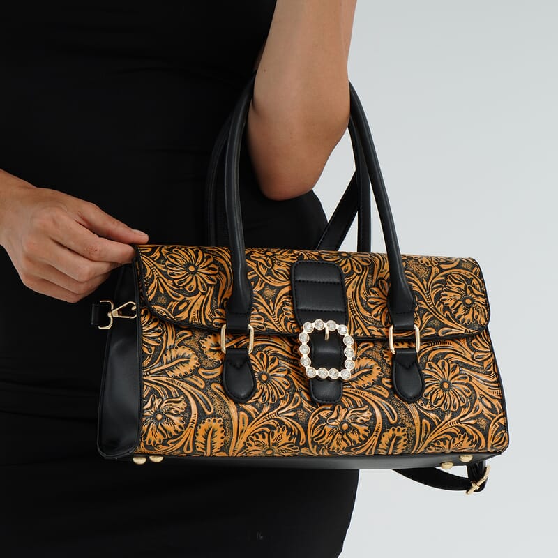 Orange Flower Embossed Faux Leather Crossbody Bag with Shoulder Strap