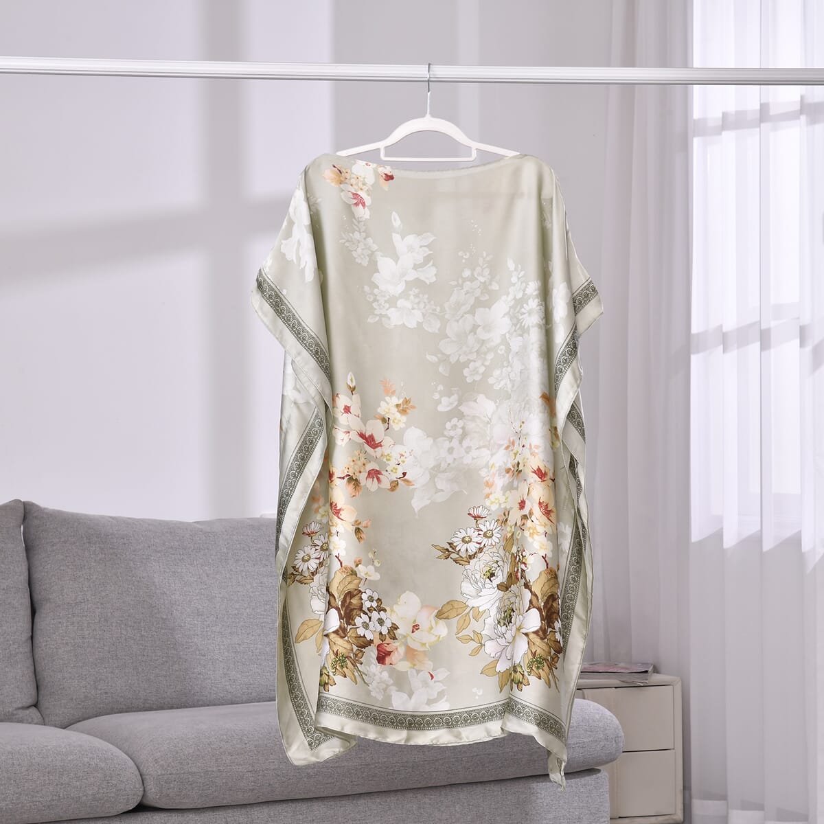 Gray Floral Polyester Satin Kaftan – One Size Fits Most image number 1