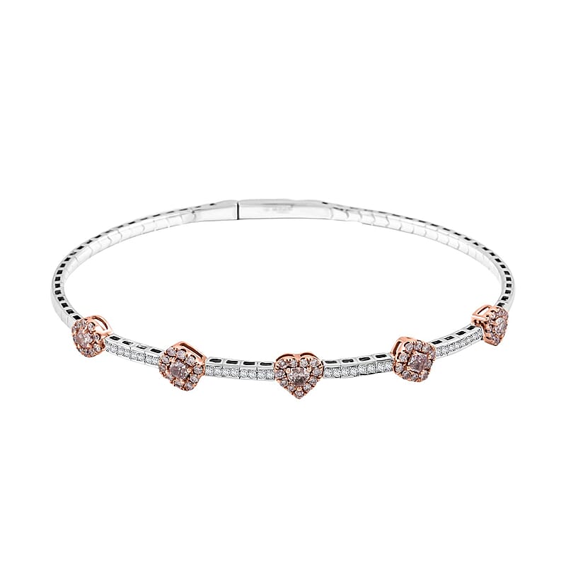 Modani Natural Pink and White Diamond 1.07 ctw Bangle Bracelet in 14K White and Rose Gold (7.00 In) 7.29 Grams Including Titanium Spring weight 1 Grams