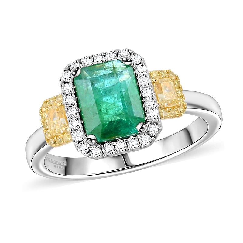 Modani Emerald Natural Yellow and White Diamond 2.29 ctw Ring in 950 Platinum and 18K White, Yellow Gold (Size 10.0) 7.70 Grams