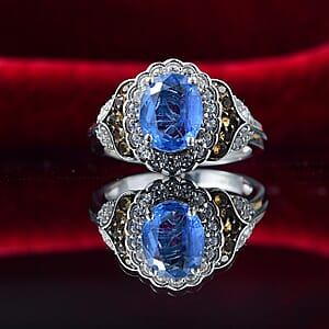 D'Joy Kashmir Kyanite and Multi Gemstone 3.00 ctw Regal Bloom Ring in Rhodium Over Sterling Silver (Size 6.0)