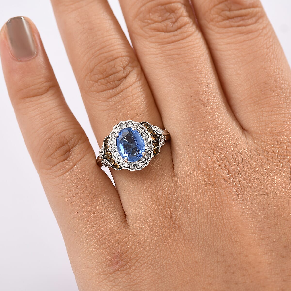 D'Joy Kashmir Kyanite and Multi Gemstone 3.00 ctw Regal Bloom Ring in Rhodium Over Sterling Silver (Size 6.0) image number 2