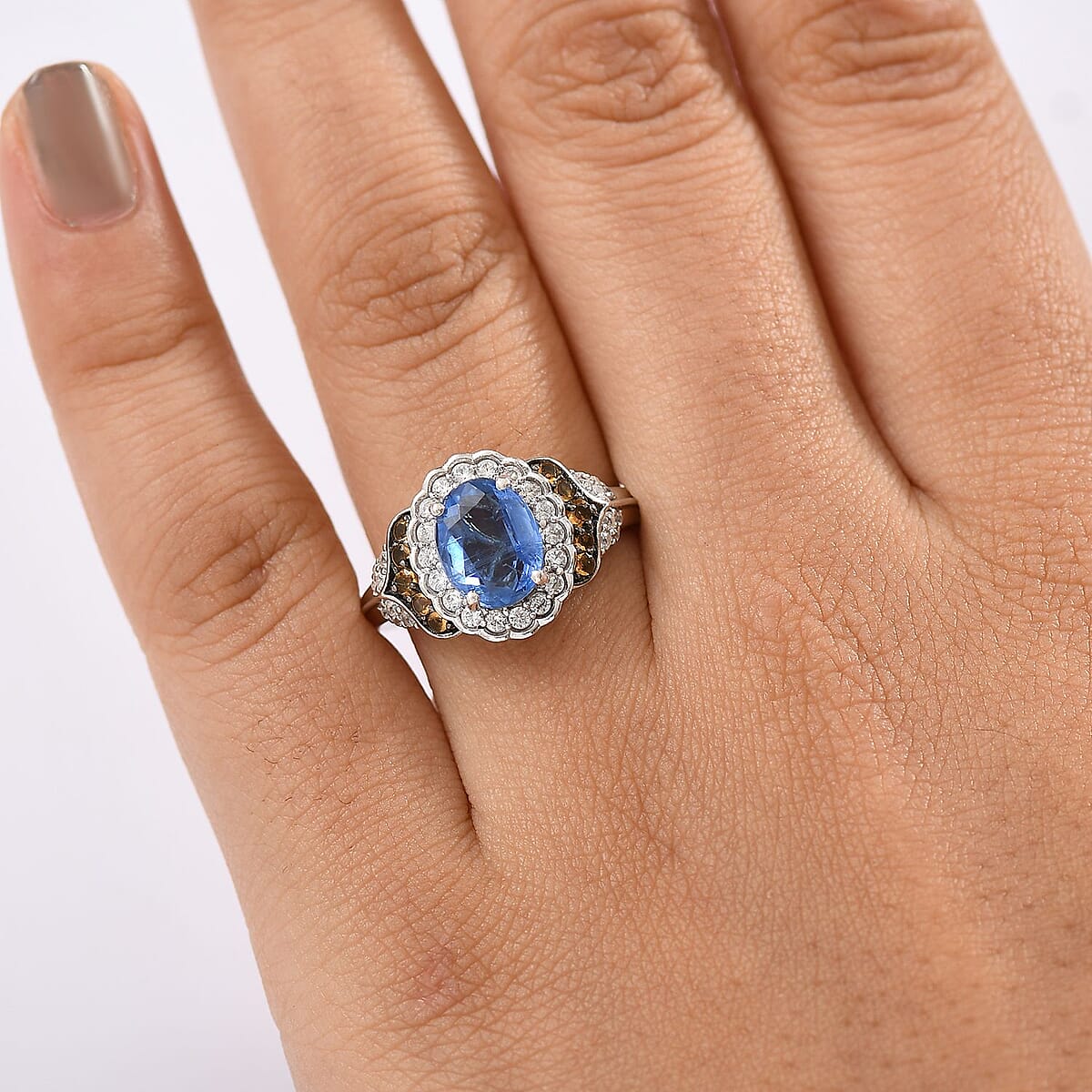 D'Joy Kashmir Kyanite and Multi Gemstone 3.00 ctw Regal Bloom Ring in Rhodium Over Sterling Silver (Size 7.0) image number 2