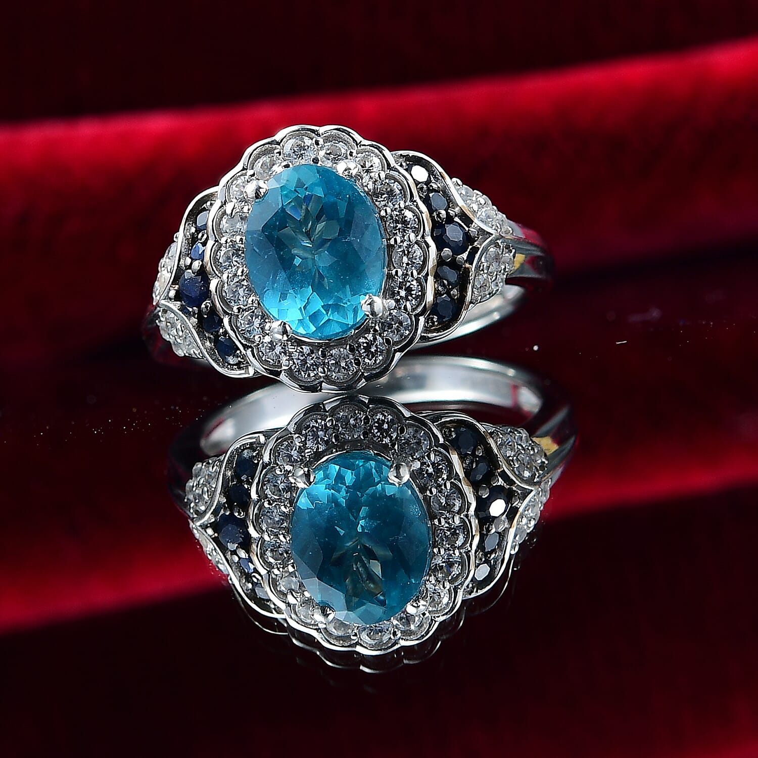 D'Joy Betroka Blue Apatite and Multi Gemstone 2.60 ctw Regal Bloom Ring in Rhodium Over Sterling Silver (Size 7.0)