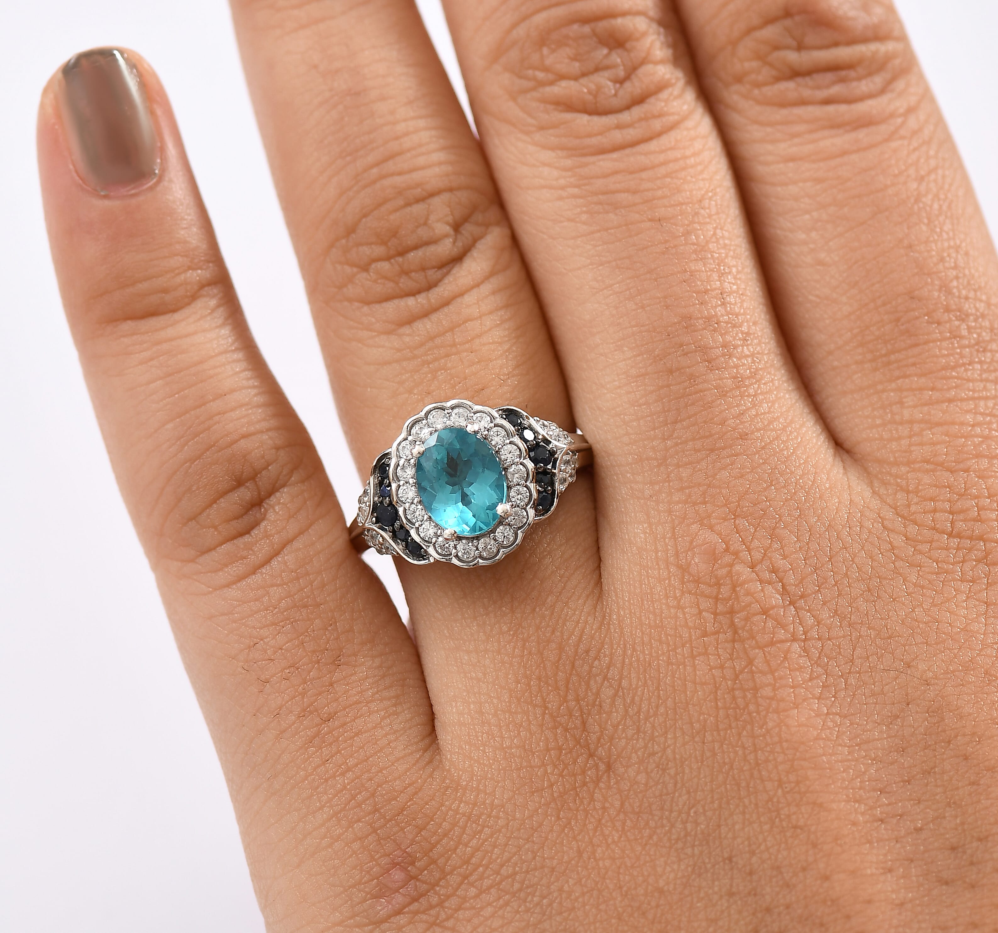 D'Joy Betroka Blue Apatite and Multi Gemstone 2.60 ctw Regal Bloom Ring in Rhodium Over Sterling Silver (Size 7.0)