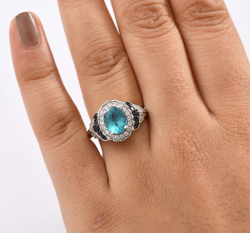 D'Joy Betroka Blue Apatite and Multi Gemstone 2.60 ctw Regal Bloom Ring in Rhodium Over Sterling Silver (Size 7.0)