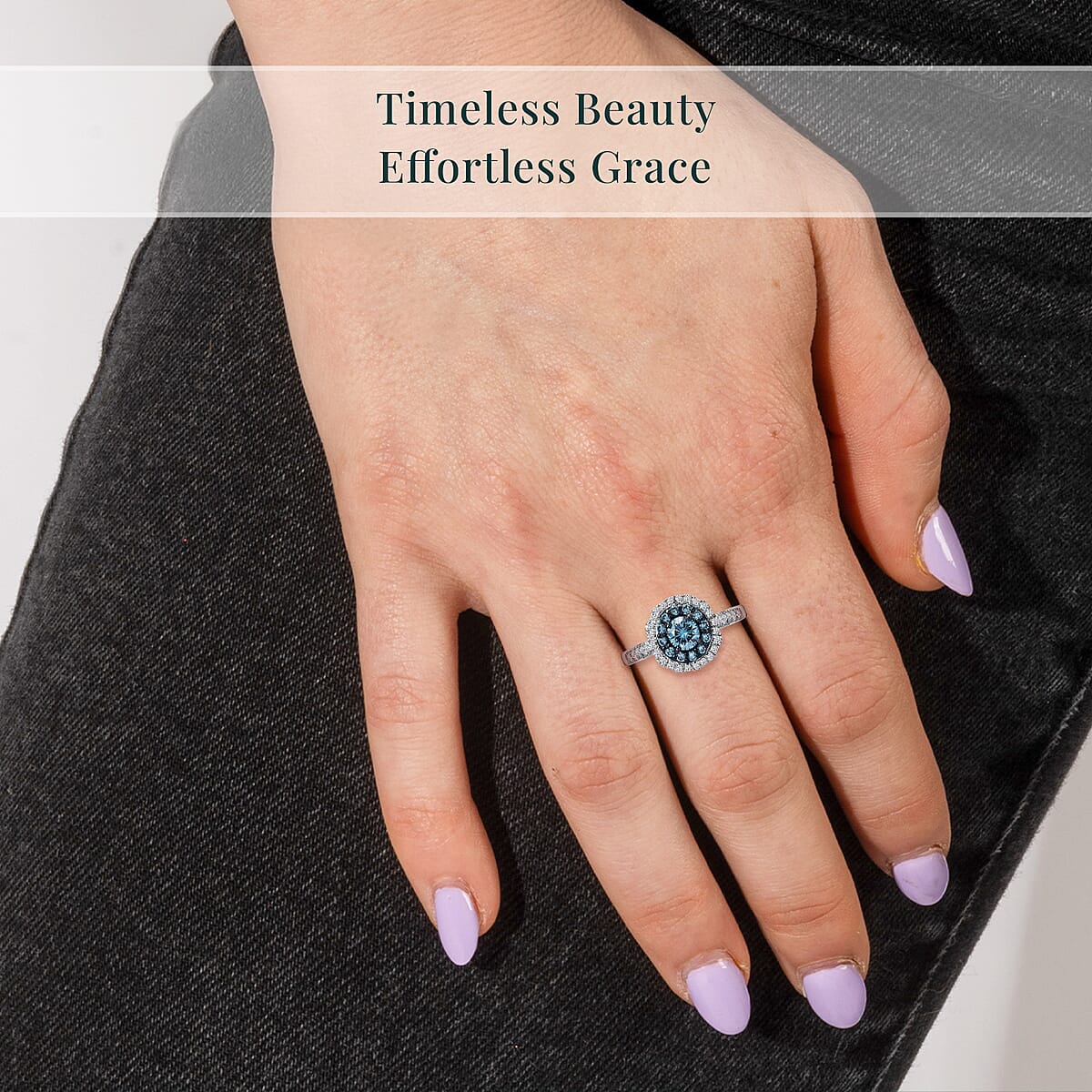 Luxuriant Lab Grown Blue Diamond (IR) and Lab Grown White Diamond SI 1.00 ctw Floral Ring in Rhodium Over Sterling Silver (Size 10.0) image number 1