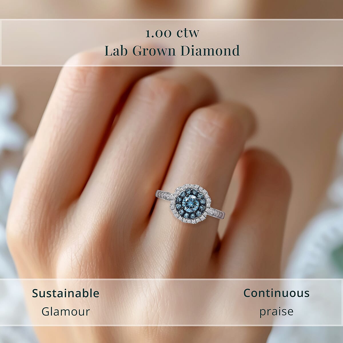 Luxuriant Lab Grown Blue Diamond (IR) and Lab Grown White Diamond SI 1.00 ctw Floral Ring in Rhodium Over Sterling Silver (Size 10.0) image number 4