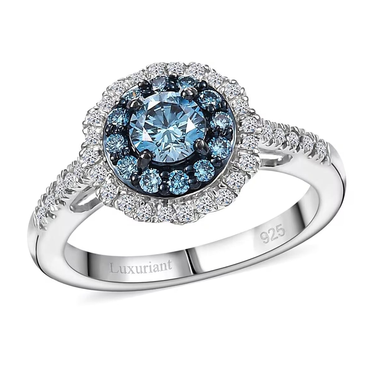 Luxuriant Lab Grown Blue and White Diamond SI 1.00 ctw Floral Ring in Rhodium Over Sterling Silver (Size 5.0) image number 0
