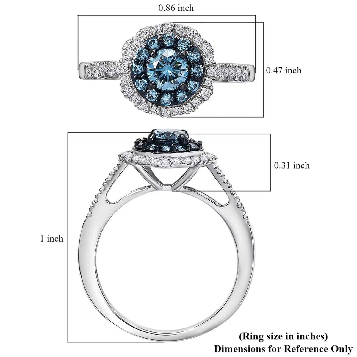 Luxuriant Lab Grown Blue and White Diamond SI 1.00 ctw Floral Ring in Rhodium Over Sterling Silver (Size 5.0) image number 7