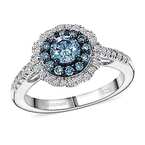 Luxuriant Lab Grown Blue Diamond (IR) and Lab Grown White Diamond SI 1.00 ctw Floral Ring in Rhodium Over Sterling Silver (Size 6.0)