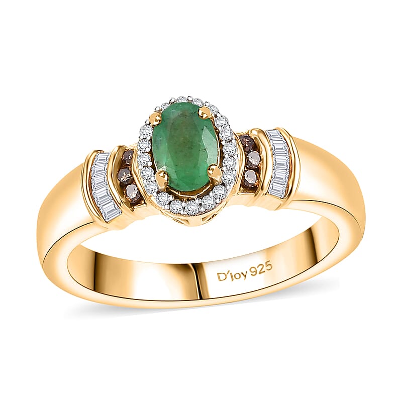 D'Joy Kagem Zambian Emerald, Natural Champagne and White Diamond 0.65 ctw Halo Ring in 18K Vermeil Yellow Gold Over Sterling Silver (Size 10.0)
