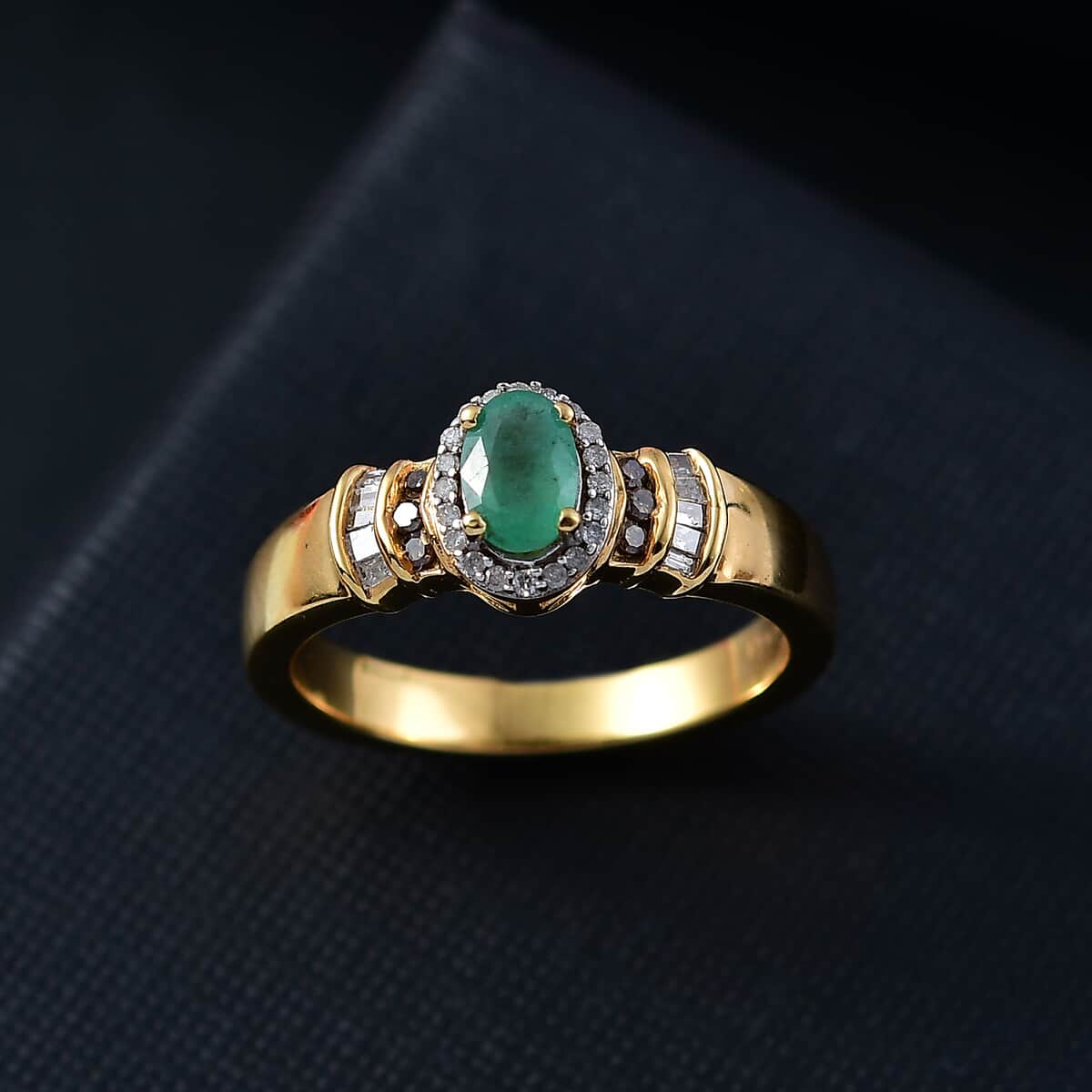 Kagem Zambian Emerald, Natural Champagne and White Diamond 0.65 ctw Halo Ring in 18K Vermeil Yellow Gold Over Sterling Silver (Size 10.0) image number 1