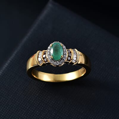 D'Joy Kagem Zambian Emerald, Natural Champagne and White Diamond 0.65 ctw Halo Ring in 18K Vermeil Yellow Gold Over Sterling Silver (Size 10.0)