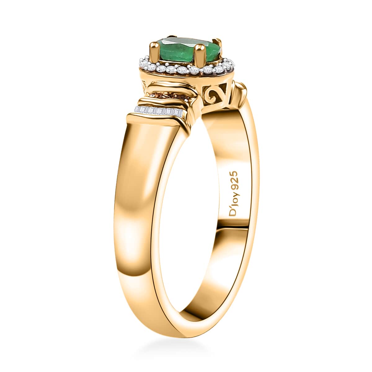 Kagem Zambian Emerald, Natural Champagne and White Diamond 0.65 ctw Halo Ring in 18K Vermeil Yellow Gold Over Sterling Silver (Size 10.0) image number 3