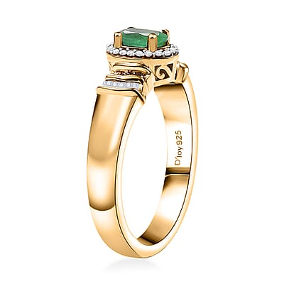 D'Joy Kagem Zambian Emerald, Natural Champagne and White Diamond 0.65 ctw Halo Ring in 18K Vermeil Yellow Gold Over Sterling Silver (Size 10.0)