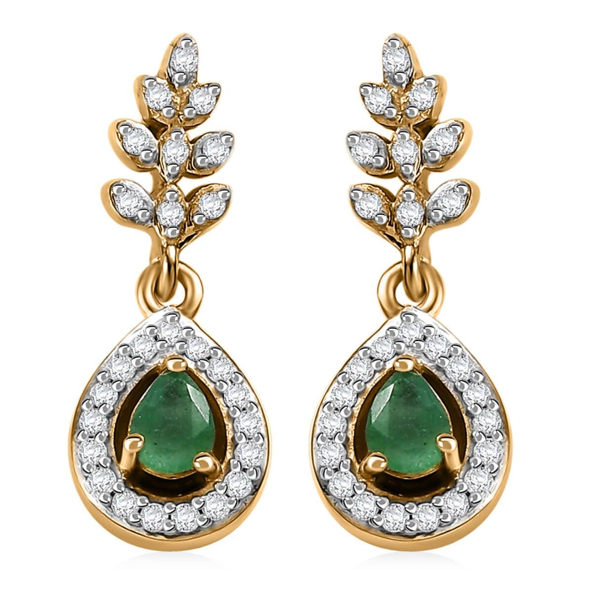 Kagem Zambian Emerald and White Zircon 0.70 ctw Vine Drop Earrings in 18K Vermeil Yellow Gold Over Sterling Silver image number 0