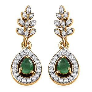 Kagem Zambian Emerald and White Zircon 0.70 ctw Vine Drop Earrings in 18K Vermeil Yellow Gold Over Sterling Silver