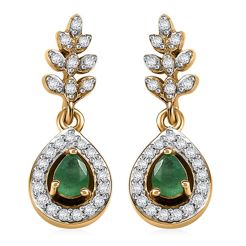 D'Joy Kagem Zambian Emerald and White Zircon 0.70 ctw Vine Drop Earrings in 18K Vermeil Yellow Gold Over Sterling Silver